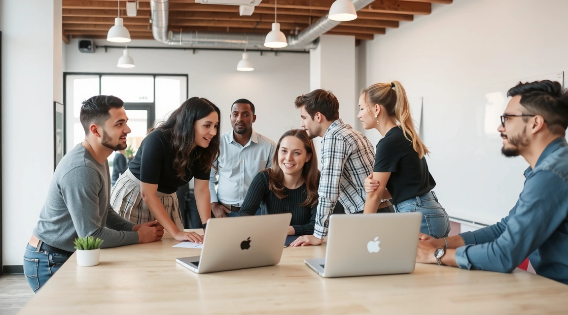 Gruppo di persone che collaborano in uno spazio di coworking moderno