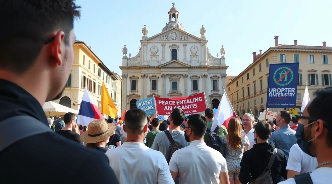 Protesta pacifica in una piazza italiana con striscioni