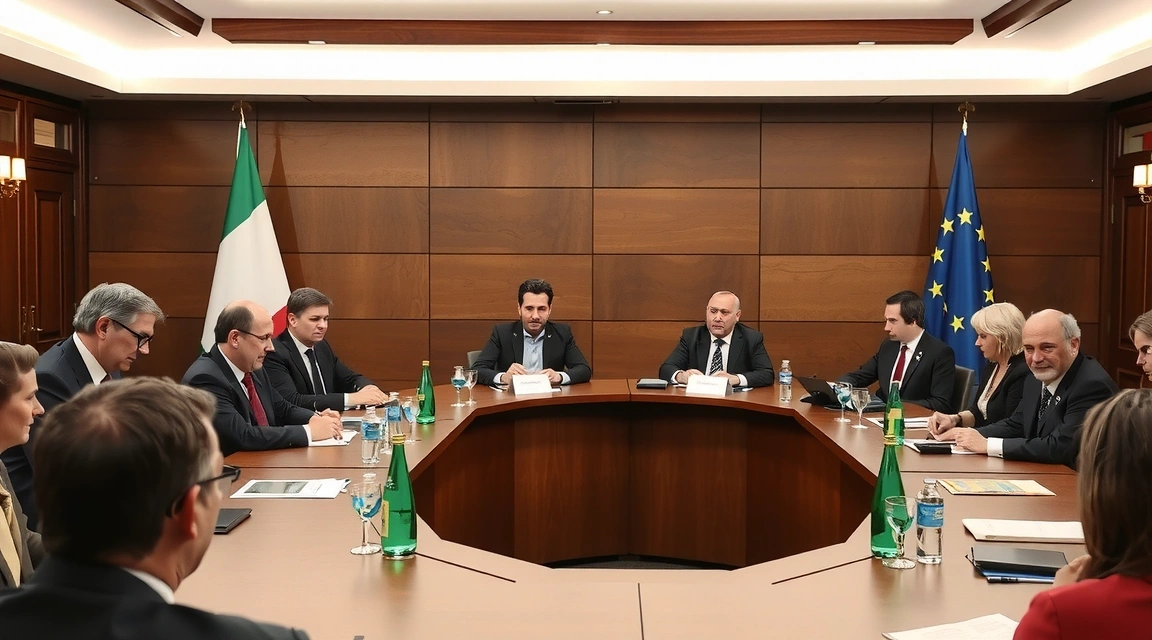 Tavolo di discussione internazionale con bandiere italiana ed europea