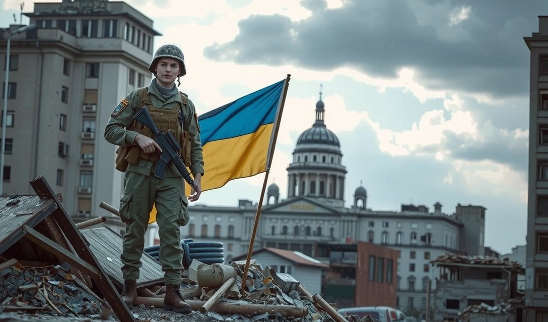 Soldato ucraino con bandiera, sullo sfondo edifici distrutti