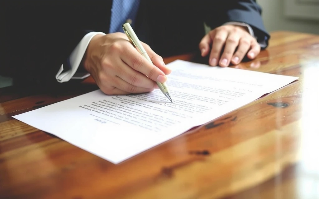 Mano che firma un documento legale, simbolo di accettazione di termini e condizioni.